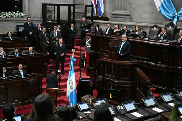 Guatemala's President Bernardo Arevalo speaks during the official report of his second year as head of state at the National Congress in Guatemala City on January 14, 2026. (Photo by JOHAN ORDONEZ / AFP)
