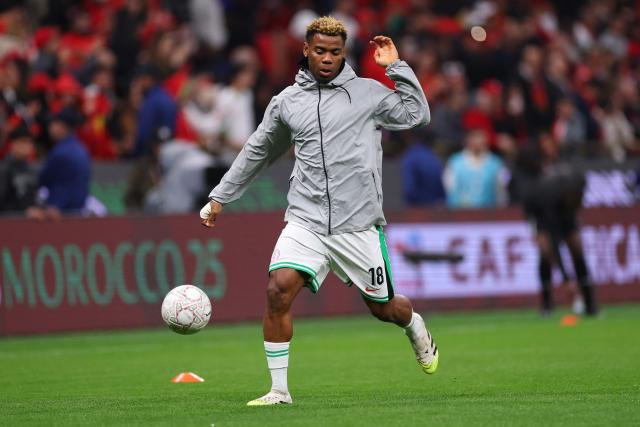 Nigeria's midfielder #18 Raphael Onyedika warms up before the Africa Cup of Nations (CAN) semi-final football match between Nigeria and Morocco at the Prince Moulay Abdellah stadium in Rabat on January 14, 2026. (Photo by FRANCK FIFE / AFP)