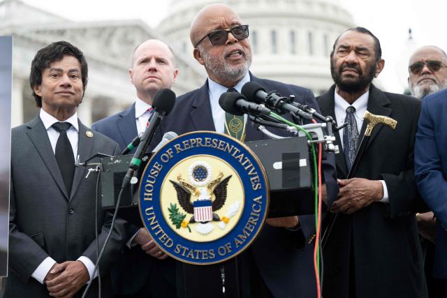 US Representative Bennie Thompson (C), Democrat of Mississippi, speaks alongside fellow Democrats and a photograph of Renee Good, who was killed last week by ICE agents in Minnesota, during a press conference calling for accountability by the Department of Homeland Security outside the US Capitol in Washington, DC, on January 14, 2026. (Photo by SAUL LOEB / AFP)