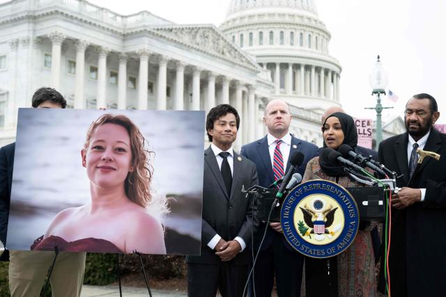 US Representative Ilhan Omar (2nd R), Democrat of Minnesota, speaks alongside fellow Democrats and a photograph of Renee Good, who was killed last week by ICE agents in Minnesota, during a press conference calling for accountability by the Department of Homeland Security outside the US Capitol in Washington, DC, January 14, 2026. (Photo by SAUL LOEB / AFP)