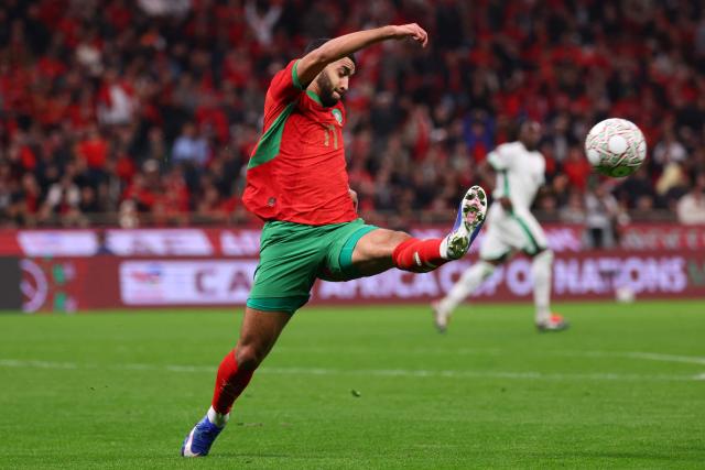 Morocco's midfielder #11 Ismael Saibari shoots the ball during the Africa Cup of Nations (CAN) semi-final football match between Nigeria and Morocco at the Prince Moulay Abdellah stadium in Rabat on January 14, 2026. (Photo by FRANCK FIFE / AFP)