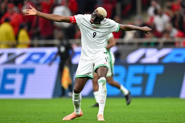 Nigeria's forward #09 Victor Osimhen reacts during the Africa Cup of Nations (CAN) semi-final football match between Nigeria and Morocco at the Prince Moulay Abdellah stadium in Rabat on January 14, 2026. (Photo by Paul ELLIS / AFP)