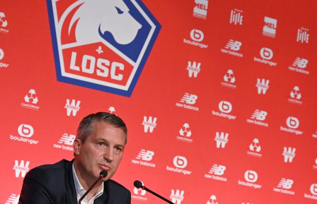 (FILES) French L1 Lille (LOSC) football team's President Olivier Letang speaks during a press conference with new appointed head coach Jocelyn Gourvennec (unseen) on July 7, 2021 at the LOSC training center in Camphin-en-Pevele, near Lille, northern France. Lille president Olivier Letang has been suspended until 31 March for his behaviour towards the referee during the match against Rennes on 3 January (a 2-0 defeat), the Professional Football League announced on January 14, 2026. The suspension is ‘firm before, during and after the match, prohibiting access to the touchline, the officials' changing rooms and all official functions,’ the disciplinary committee said in a statement. (Photo by DENIS CHARLET / AFP)