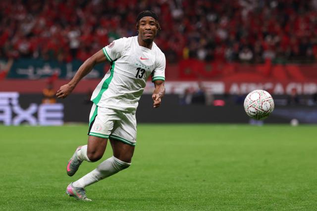 Nigeria's defender #13 Bruno Onyemaechi controls the ball during the Africa Cup of Nations (CAN) semi-final football match between Nigeria and Morocco at the Prince Moulay Abdellah stadium in Rabat on January 14, 2026. (Photo by FRANCK FIFE / AFP)