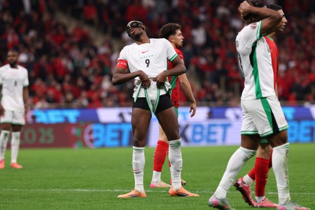 Nigeria's forward #09 Victor Osimhen reacts during the Africa Cup of Nations (CAN) semi-final football match between Nigeria and Morocco at the Prince Moulay Abdellah stadium in Rabat on January 14, 2026. (Photo by FRANCK FIFE / AFP)