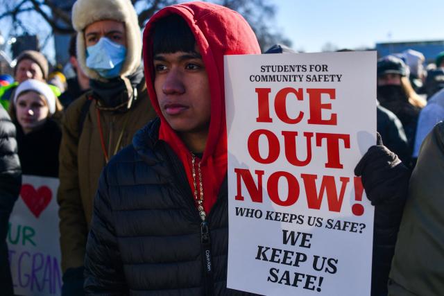 High school students protest against ICE outside the State Capitol in St. Paul, Minnesota, on January 14, 2026. Hundreds more federal agents were heading to Minneapolis, the US homeland security chief said on January 11, brushing aside demands by the Midwestern city's Democratic leaders to leave after an immigration officer fatally shot a woman protester. In multiple TV interviews, US Homeland Secretary Kristi Noem defended the actions of the officer who shot and killed 37-year-old Renee Nicole Good, whose death has sparked renewed protests nationwide against President Donald Trump's immigration crackdown. (Photo by Octavio JONES / AFP)