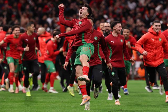 Morocco's forward #10 Brahim Diaz celebrates after winning the Africa Cup of Nations (CAN) semi-final football match between Nigeria and Morocco at the Prince Moulay Abdellah stadium in Rabat on January 14, 2026. (Photo by FRANCK FIFE / AFP)