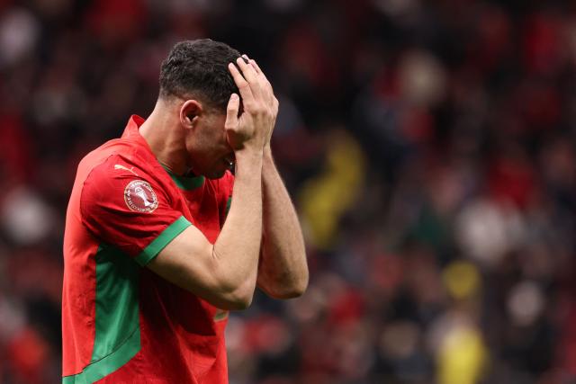 Morocco's defender #02 Achraf Hakimi reacts after winning the Africa Cup of Nations (CAN) semi-final football match between Nigeria and Morocco at the Prince Moulay Abdellah stadium in Rabat on January 14, 2026. (Photo by FRANCK FIFE / AFP)