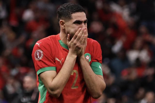 Morocco's defender #02 Achraf Hakimi reacts after winning the Africa Cup of Nations (CAN) semi-final football match between Nigeria and Morocco at the Prince Moulay Abdellah stadium in Rabat on January 14, 2026. (Photo by FRANCK FIFE / AFP)