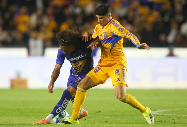 Pumas' Panamanian midfielder #28 Adalberto Carrasquilla and Tigres' Argentine forward #09 Nicolas Ibanez fight for the ball during the Liga MX Clausura tournament football match between Tigres and Pumas at the University  Stadium (UANL) in San Nicolas de los Garza, Mexico on January 14, 2026. (Photo by Julio Cesar AGUILAR / AFP)
