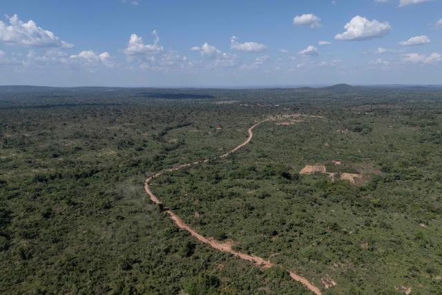 This aerial view shows road in a forest area in Likasi on November 27, 2025. As Chinese, US and other companies jostle over DR Congo’s critical minerals, communities in Haut-Katanga province fear security restrictions or unannounced road constructions in reserves will increase as they seek to protect their land. (Photo by Glody MURHABAZI / AFP)