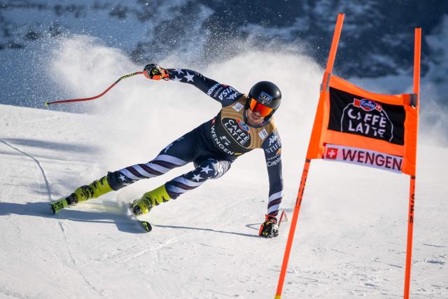 US Bryce Bennett skies down during the men's Downhill training at the FIS Alpine Skiing World Cup in Wengen on January 15, 2026. (Photo by Fabrice COFFRINI / AFP)