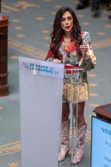 N-VA's Darya Safa speaks during a plenary session of the Chamber of Representatives at the Federal Parliament in Brussels on January 15, 2026. (Photo by JONAS ROOSENS / Belga / AFP) / Belgium OUT