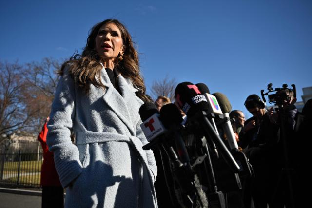 US Secretary of Homeland Security Kristi Noem speaks to reporters following a television interview outside of the West Wing of the White House in Washington, DC on January 15, 2026. (Photo by Mandel NGAN / AFP)