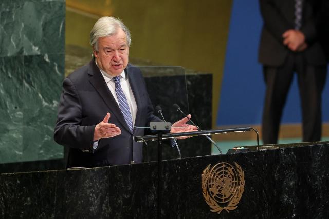 United Nations Secretary-General Antonio Guterres speaks on 2026 priorities to the UN General Assembly at UN Headquarters in New York City on January 15, 2026. (Photo by ANGELA WEISS / AFP)