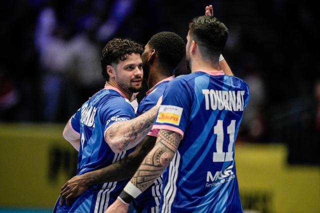 France's left back #08 Elohim Prandi celebrates during the men's EHF Euro 2026 preliminary round handball match France vs Czech Republic in Baerum Oslo on January 15, 2026. (Photo by Stian Lysberg Solum / NTB / AFP) / Norway OUT