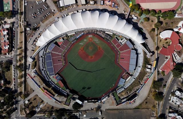 This aerial view shows the Pan American Baseball Stadium, the venue for the upcoming 2026 Caribbean Series, in Zapopan, Jalisco, Mexico on January 15, 2026. The diplomatic and military offensive by the United States deprived Venezuela of hosting and headlining the Caribbean Series, and in doing so also pushed Cuba out of this renowned baseball tournament. (Photo by ULISES RUIZ / AFP)