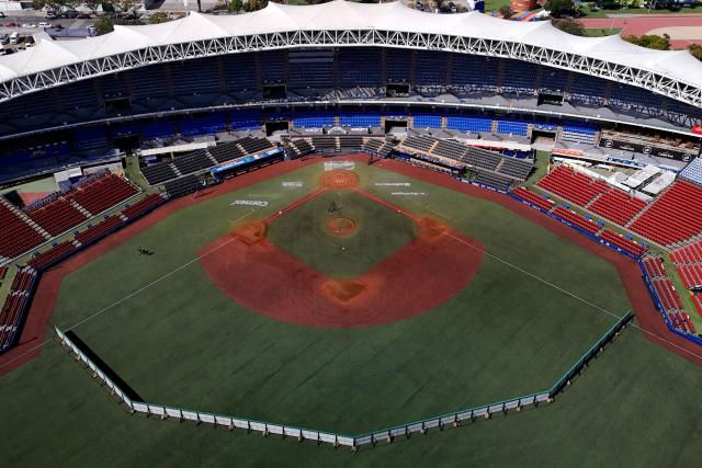 This aerial view shows the Pan American Baseball Stadium, the venue for the upcoming 2026 Caribbean Series, in Zapopan, Jalisco, Mexico on January 15, 2026. The diplomatic and military offensive by the United States deprived Venezuela of hosting and headlining the Caribbean Series, and in doing so also pushed Cuba out of this renowned baseball tournament. (Photo by ULISES RUIZ / AFP)