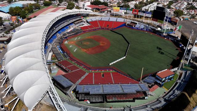 This aerial view shows the Pan American Baseball Stadium, the venue for the upcoming 2026 Caribbean Series, in Zapopan, Jalisco, Mexico on January 15, 2026. (Photo by ULISES RUIZ / AFP)