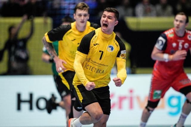 Ukraine's right winger #07 Illia Blyzniuk celebrates during the men's EHF Euro 2026 preliminary round handball match Norway vs Ukraine at the Unity Arena in Fornebu near Oslo on January 15, 2026. (Photo by Stian Lysberg Solum / NTB / AFP) / Norway OUT