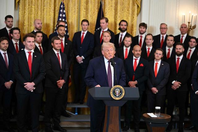 US President Donald Trump speaks during a ceremony to congratulate the Florida Panthers of the National Hockey League, winners of the 2025 Stanley Cup, in the East Room of the White House in Washington, DC on January 15, 2026. (Photo by Mandel NGAN / AFP)