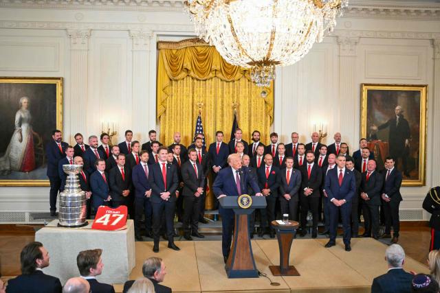 US President Donald Trump speaks during a ceremony to congratulate the Florida Panthers of the National Hockey League, winners of the 2025 Stanley Cup, in the East Room of the White House in Washington, DC on January 15, 2026. (Photo by Mandel NGAN / AFP)