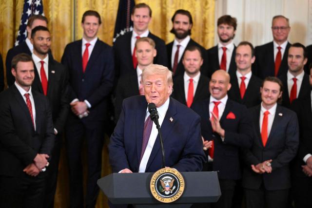 US President Donald Trump speaks during a ceremony to congratulate the Florida Panthers of the National Hockey League, winners of the 2025 Stanley Cup, in the East Room of the White House in Washington, DC on January 15, 2026. (Photo by Mandel NGAN / AFP)