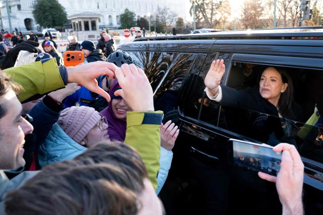 Venezuelan opposition leader Maria Corina Machado waves to supporters from her car as she departs the US Capitol after meeting with US senators on January 15, 2026 in Washington, DC. US President Donald Trump met earlier Thursday with Venezuelan opposition leader Machado, whose pro-democracy movement he has sidelined since toppling her country's leader, and whose Nobel Peace Prize he openly envies. (Photo by SAUL LOEB / AFP)
