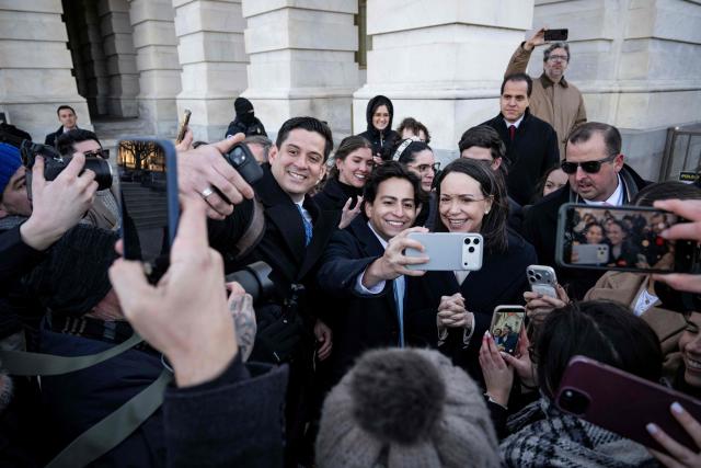 Venezuelan opposition leader Maria Corina Machado takes pictures with supporters as she departs the US Capitol after meeting with US senators on January 15, 2026 in Washington, DC. US President Donald Trump met earlier Thursday with Venezuelan opposition leader Machado, whose pro-democracy movement he has sidelined since toppling her country's leader, and whose Nobel Peace Prize he openly envies. (Photo by Drew ANGERER / AFP)