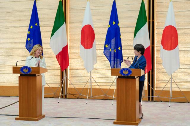 Italy's Prime Minister Giorgia Meloni (L) and Japan's Prime Minister Sanae Takaichi attend a press conference at the prime minister's official residence in Tokyo on January 16, 2026. (Photo by Toru HANAI / POOL / AFP)