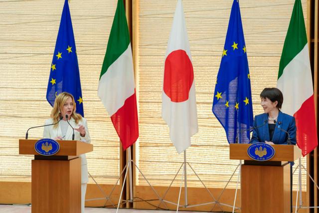 Italy's Prime Minister Giorgia Meloni (L) and Japan's Prime Minister Sanae Takaichi attend a press conference at the prime minister's official residence in Tokyo on January 16, 2026. (Photo by Toru HANAI / POOL / AFP)