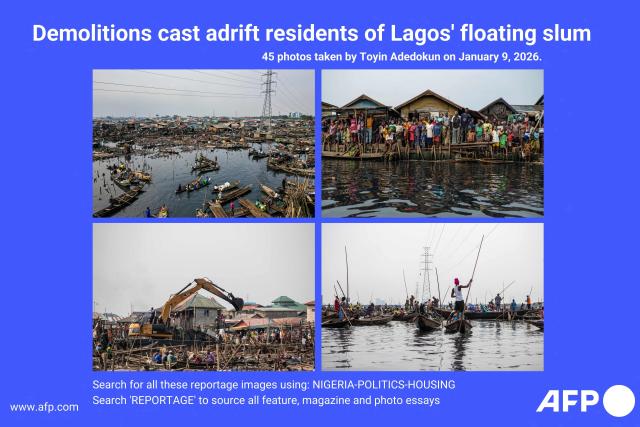 AFP presents a reportage of 45 pictures taken by photographer Toyin Adedokun of demolitions in Makoko, Lagos' floating slum, on January 9, 2026.
Authorities have demolished hundreds of wooden shacks in Makoko, Africas largest and most iconic floating slum, which is built on stilts above the lagoon in the heart of Lagos. The operation is part of an ongoing campaign to remove what officials describe as illegal structures and reclaim waterfront land for modern real-estate developments.. Search all these reportage images using: NIGERIA-POLITICS-HOUSING
Search "REPORTAGE" to source all feature, magazine and photo essays. (Photo by TOYIN ADEDOKUN / AFP)