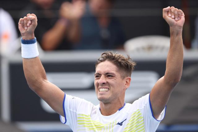 Argentina's Sebastian Baez celebrates his win against USA's Marcos Giron during their men's singles semi-final match at the ATP Auckland Classic tennis tournament in Auckland on January 16, 2026. (Photo by Michael Bradley / AFP)