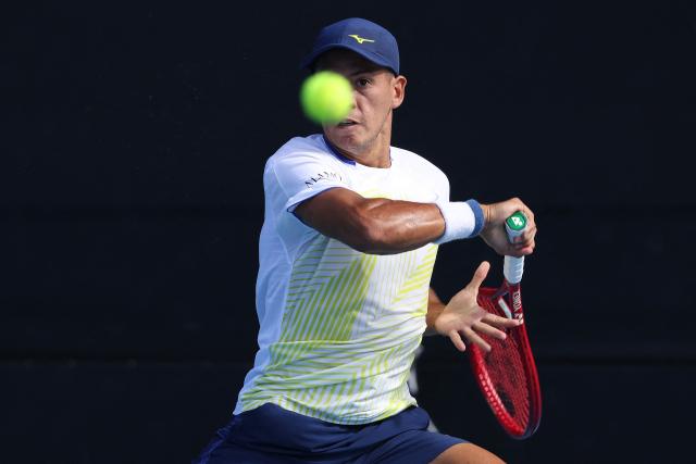 Argentina's Sebastian Baez hits a return against USA's Marcos Giron during their men's singles semi-final match at the ATP Auckland Classic tennis tournament in Auckland on January 16, 2026. (Photo by Michael Bradley / AFP)
