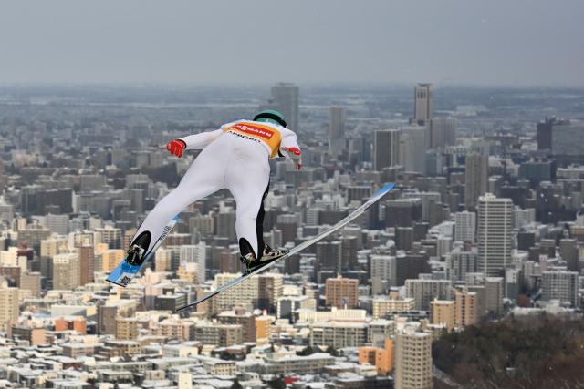 Slovenia's Domen Prevc takes his training jump in the qualification of the individual Large Hill HS13 competition on the first day of men's FIS Ski Jumping World Cup competition in Sapporo on January 16, 2026. (Photo by Toshifumi KITAMURA / AFP)