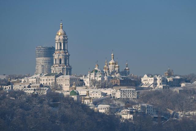 This photograph taken on January 16, 2026 shows a view of the Kyiv Pechersk Lavra Monastery during a sunny day in Kyiv, amid the Russian invasion of Ukraine. (Photo by Sergei GAPON / AFP)