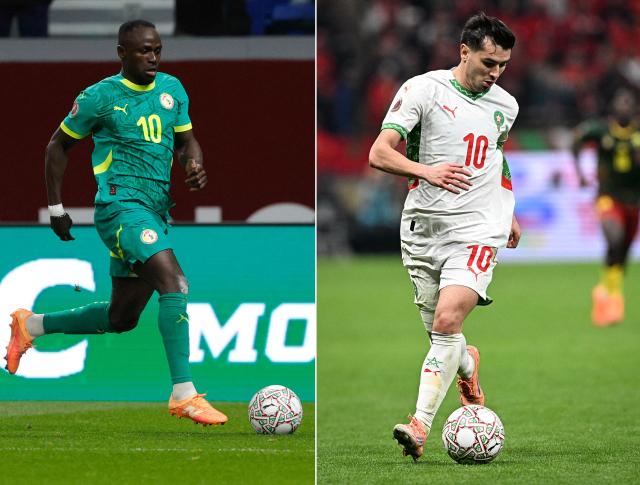 (COMBO) This combination of pictures created on January 16, 2026 shows Senegal's forward #10 Sadio Mane in Tangiers on January 14, 2026 (L) and Morocco's forward #10 Brahim Diaz during the Africa Cup of Nations (CAN) in Rabat on January 9, 2026. Senegal and Morocco will face each other in the final of the Africa Cup of Nation (CAN) football tournament in Rabat on January 18, 2026. (Photo by Abdel Majid BZIOUAT and Gabriel BOUYS / AFP)
