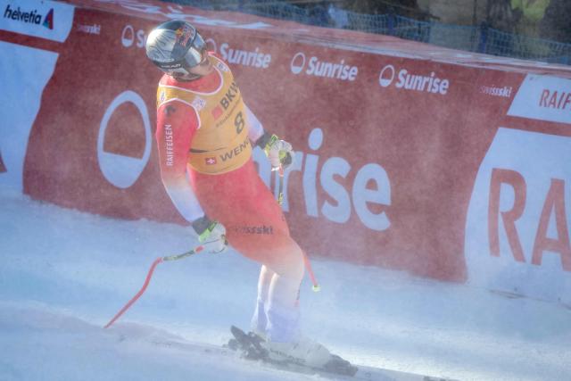 Switzerland's Franjo Von Allmen reacts in the finish area after competing in the FIS alpine skiing Men's World Cup Super G event in Wengen, Swiss Alps, on January 16, 2026. (Photo by Dimitar DILKOFF / AFP)