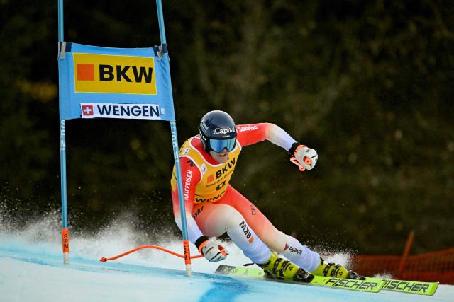Switzerland's Stefan Rogentin competes in the FIS alpine skiing Men's World Cup Super G event in Wengen, Swiss Alps, on January 16, 2026. (Photo by Fabrice COFFRINI / AFP)
