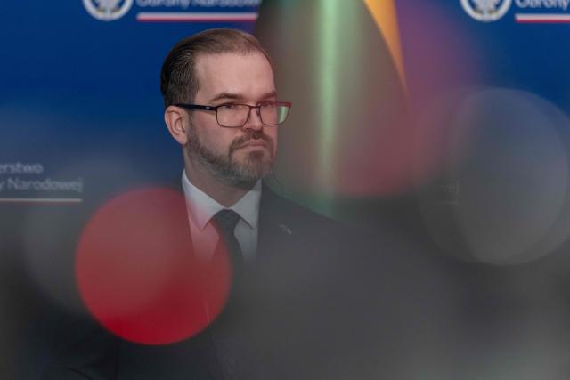 Lithuania's Minister of Defence Robertas Kaunas addresses a joint press conference with Poland's Minister of Defence at the Defence Ministry building in Warsaw on January 16, 2026. (Photo by Wojtek RADWANSKI / AFP)
