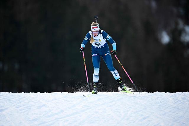 Finland's Suvi Minkkinen competes during the women's 7.5km sprint competition of the IBU Biathlon World Cup in Ruhpolding, southern Germany on January 16, 2026. (Photo by Tobias SCHWARZ / AFP)