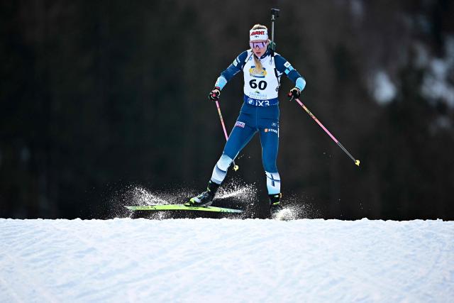 Finland's Suvi Minkkinen competes during the women's 7.5km sprint competition of the IBU Biathlon World Cup in Ruhpolding, southern Germany on January 16, 2026. (Photo by Tobias SCHWARZ / AFP)