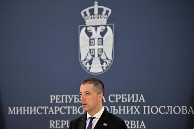 Serbian Foreign Minister Marko Djuric gives a joint press conference with his French counterpart in Belgrade on January 16, 2026. (Photo by Andrej ISAKOVIC / AFP)
