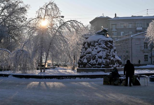 A street vendor sells his goods during heavy frost in Kyiv on January 16, 2026, amid the Russian invasion of Ukraine. (Photo by Sergei SUPINSKY / AFP)
