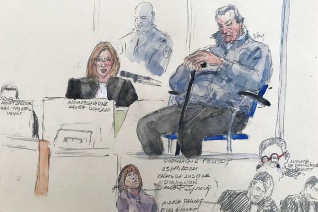 (FILES) This court sketch created at the Avignon courthouse in Avignon, south-eastern France, on November 25, 2024, shows defendant Dominique Pelicot (Top R) during his trial in which he is accused of drugging his wife Gisele Pelicot (Bottom C) for nearly ten years and inviting strangers to rape her at their home in Mazan, a small town in the south of France. France's cold cases' unit, the National Unit for Serial and Unsolved Crimes (PCSNE) is investigating other potential victims of Dominique Pelicot, Nanterre public prosecutor's office announced on January 16, 2026. (Photo by Benoit PEYRUCQ / AFP)