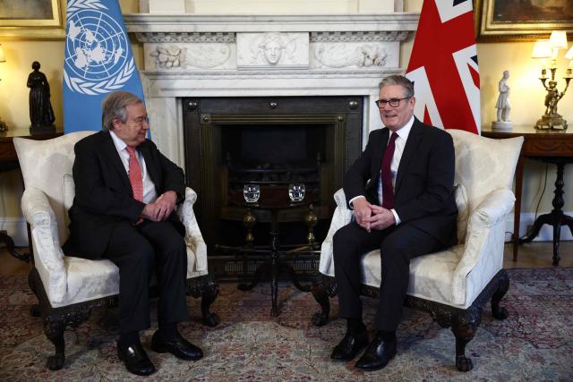 United Nations Secretary-General Antonio Guterres and Britain's Prime Minister Keir Starmer sit down for talks inside 10 Downing Street in central London on January 16, 2026. (Photo by Henry NICHOLLS / POOL / AFP)