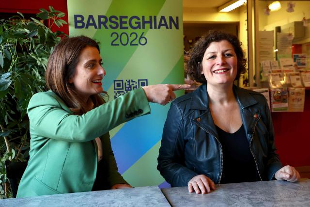 National secretary of French left-wing party The Ecologistes Marine Tondelier (L) and Strasbourg's Mayor Jeanne Barseghian, attend a press conference for Jeanne Barseghian's candidacy for re-election, in Strasbourg, eastern France, on January 16, 2026. (Photo by FREDERICK FLORIN / AFP)