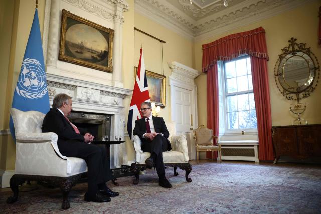 United Nations Secretary-General Antonio Guterres and Britain's Prime Minister Keir Starmer sit down for talks inside 10 Downing Street in central London on January 16, 2026. (Photo by Henry NICHOLLS / POOL / AFP)