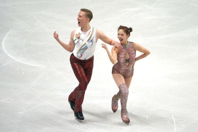 Finland's Yuka Orihara and Juho Pirinen perform during the Ice Dance Rhythm Dance discipline on day four of the ISU Figure Ice Skating European Championships in Sheffield, northern England on January 16, 2026. (Photo by Ian HODGSON / AFP)