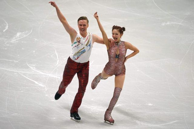 Finland's Yuka Orihara and Juho Pirinen perform during the Ice Dance Rhythm Dance discipline on day four of the ISU Figure Ice Skating European Championships in Sheffield, northern England on January 16, 2026. (Photo by Ian HODGSON / AFP)